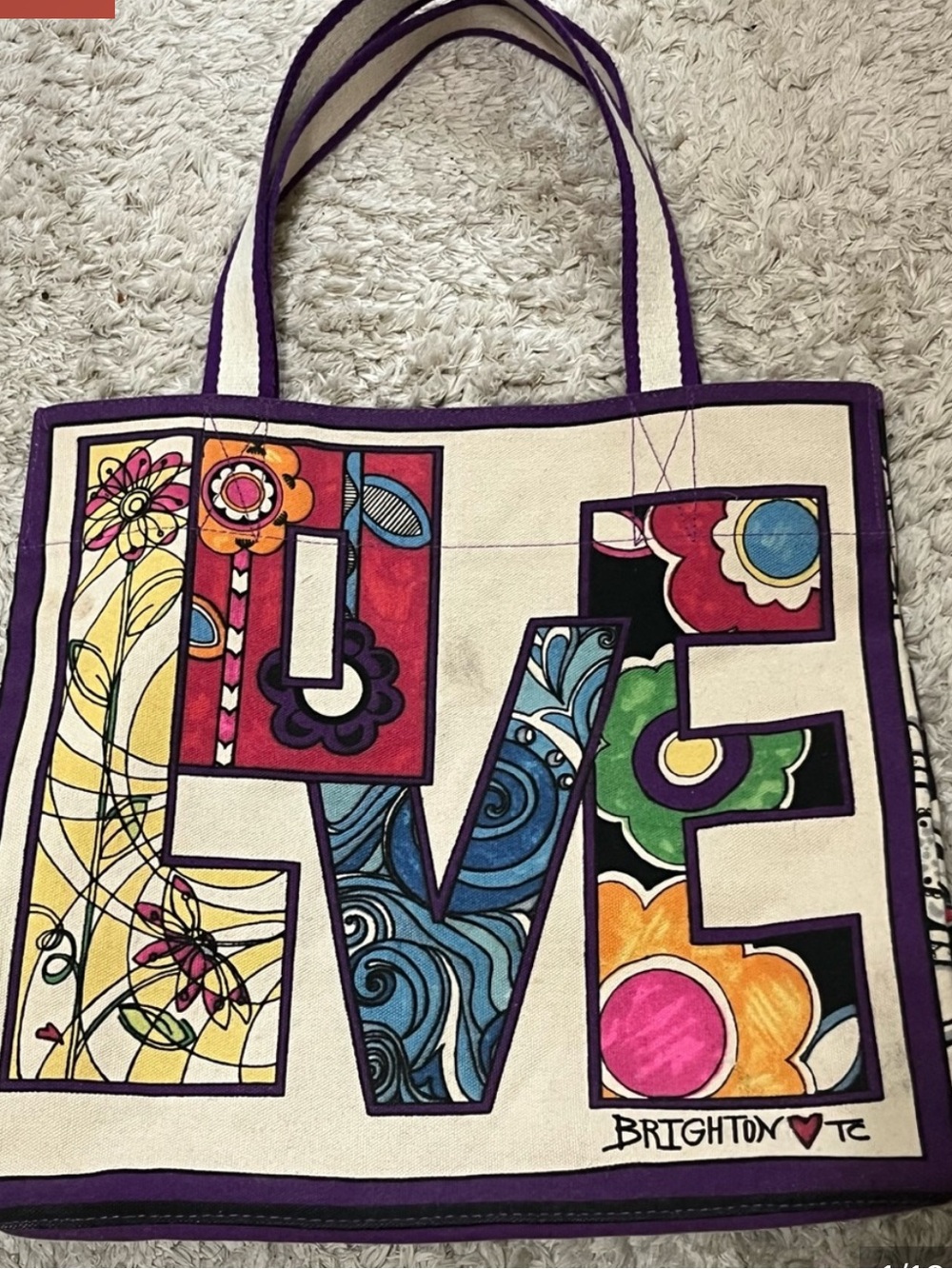 Brighton LOVE Groove II Tote “LOVE' Multi Color Tom Clancy Printed Canvas Bag - Picture 6 of 7